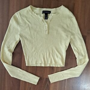 Streetwear Society Long Sleeve Ribbed Henley Crop Top in Light Yellow